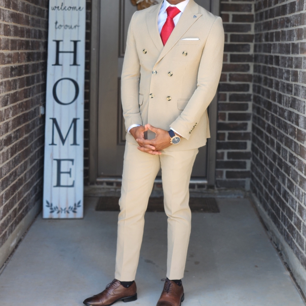 Men's Tan Double-Breasted Slim Fit Suit